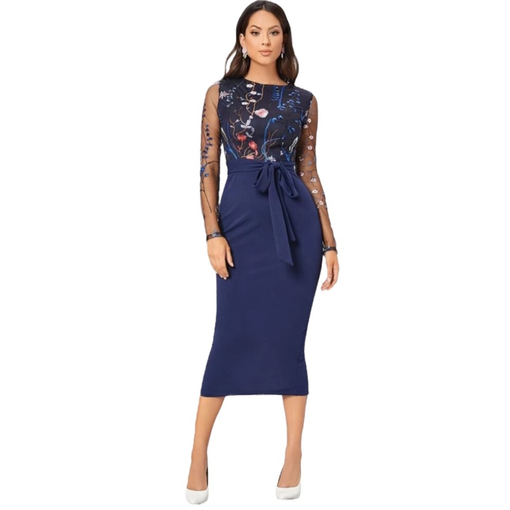 Women’s Navy Blue Floral Midi Dress w/ Long Sheer Sleeves size women’s medium